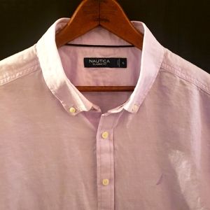 Nautica Shirt Men's XL Purple Linen Blend Button Up Short Sleeve Pocket Casual